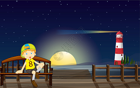 一个男孩在半夜坐在长凳上 在一个男孩坐着图片