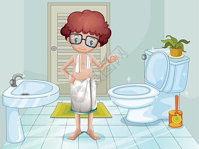 一个男孩在洗手间抹布地面绘画毛巾房间眼镜青少年男性水泥玻璃图片