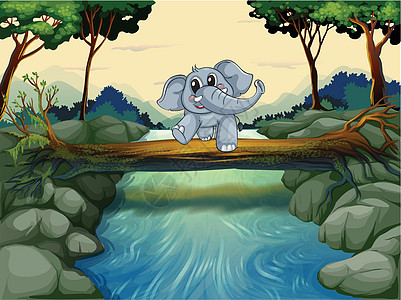 一条大象渡河风景礼物绘画动物树木植物树叶藻类蓝色资源图片