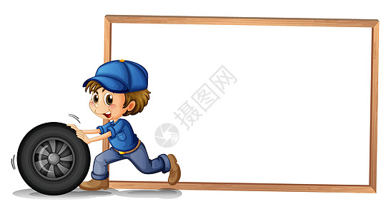一个男孩在后面用空空白的白板推着方向盘图片