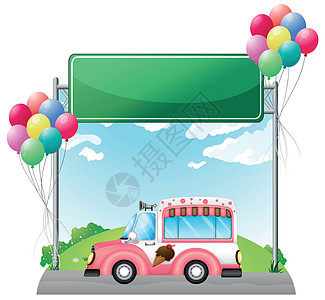 粉红色冰淇淋巴士靠近空绿板木板海报运输框架卡通片植物杂草广告交通车辆图片