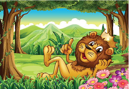 森林里的一头狮子国王植物动物绘画分支机构山脉土地蓝色礼物日志图片