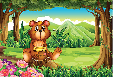森林里的一只熊拿着一壶蜂蜜图片