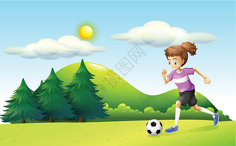 一个女孩踢足球太阳女孩爬坡步法天空树木球形晴天杂草树叶图片