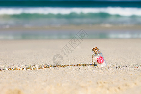 白沙中的小苏韦纳瓶子 在松绿海背景之下晴天假期旅游生存支撑小瓶海岸写作旅行明信片图片