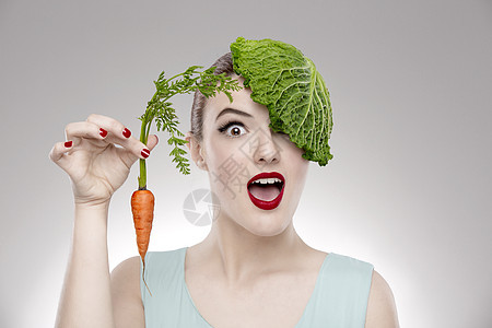 女织女绿色树叶女孩震惊拉丁萝卜叶子生态发型蔬菜图片