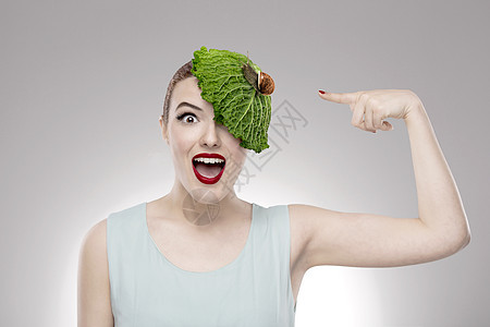 女织女蔬菜绿色树叶拉丁钦佩女郎震惊惊喜发型女孩图片