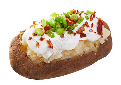 已加载的烤土豆营养洋葱马铃薯白色熏肉奶油配料食物黄色韭菜图片