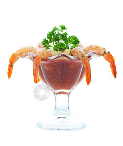 虾鸡尾玻璃冷藏国王红色贝类香菜美食食物沙拉主菜图片