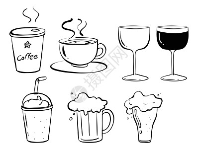 不同种类的饮料艺术家涂鸦果汁玻璃草图咖啡艺术酒精牛奶素描图片