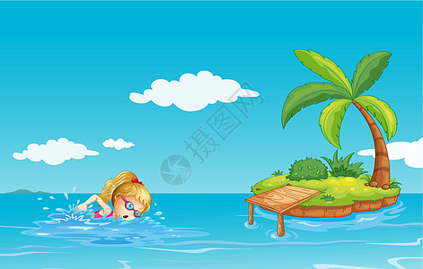 一个女孩在岛上附近游泳 带椰子树的女孩图片