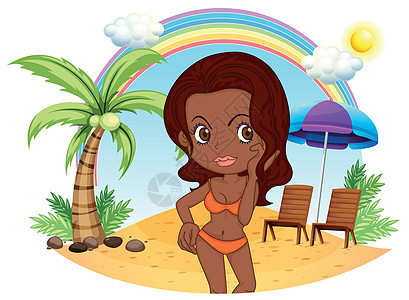 沙滩上一个穿橙色比基尼的棕色女人图片
