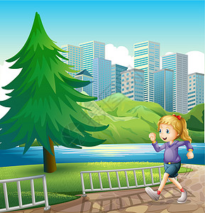 一个女孩跑在河岸 带着一棵高的松树图片