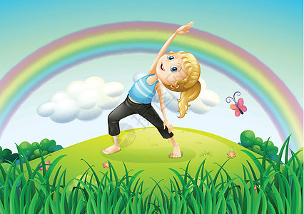 一个女孩在山顶上伸展着彩虹图片