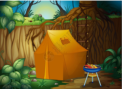 露营帐篷绘画绳索树叶金属帆布小路太阳光线草地泥炉丛林图片