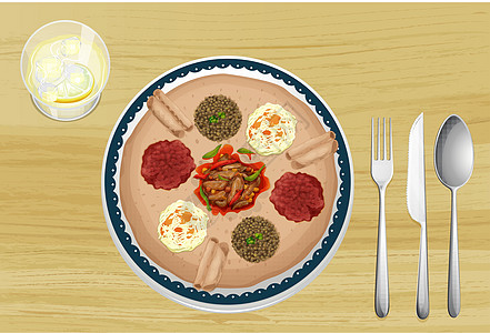 菜盘里的食物午餐绘画服务谷物勺子营养炊具蔬菜肉汁用餐图片