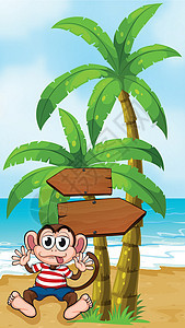 箭头附近的海滩上一只自夸的猴子图片