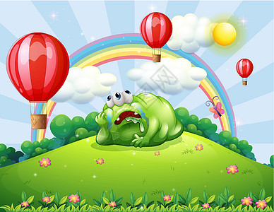 一个疲倦的怪物在山上 看着热气球图片