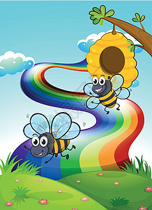 两蜜蜂在山顶上 彩虹在天空中图片