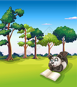 一只熊猫在看书的时候躺在草地上图片