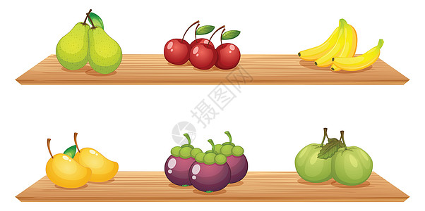 木架上六种不同种类的水果图片