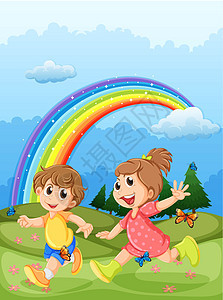 孩子们在山顶玩 天上有彩虹蓝色蝴蝶女性男人跑步男生卡通片紫色天空树木图片