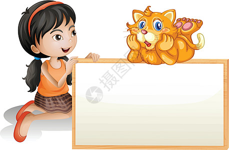 一个年轻女孩带着一只猫拿着空的招牌图片