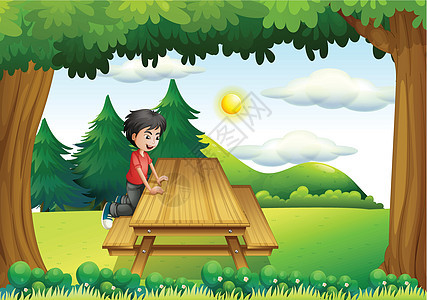 林中一个小男孩的木板凳图片