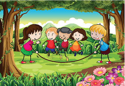 一群在森林里玩耍的孩子图片