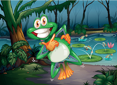 池塘中森林里有一只有趣的青蛙和鱼图片