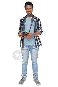 一位快乐的男性摄影师肖像男人微笑单反技术摄影黑色牛仔布衬衫闲暇相机图片