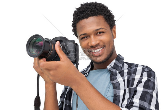 一位快乐的男性摄影师肖像男人摄影单反相机技术黑色衬衫微笑爱好闲暇图片
