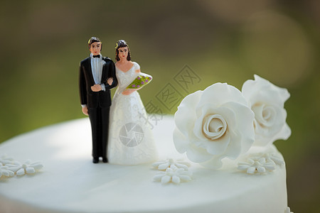 婚礼蛋糕上的一对雕像夫妇新人新郎妻子婚姻已婚公园联盟新娘庆典丈夫图片