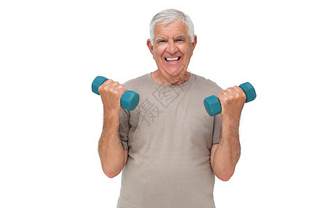 一个快乐的老人用哑铃练习的肖像运动举重重量竞技人员男人力量男性肌肉闲暇图片