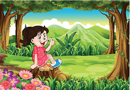 一个年轻女孩坐在树桩上 森林的树丛上方图片
