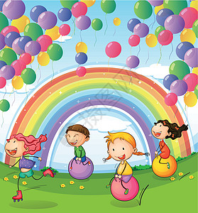 孩子们玩着漂浮的气球和彩虹在天空中图片