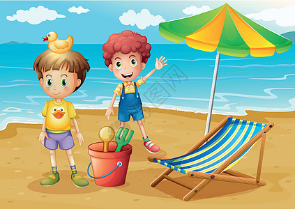孩子们在海滩上带着雨伞和折叠床橡皮条纹椅子鸭子蓝色黄色卡通片支撑场景玩具图片