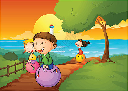 玩弹跳球的快乐孩子享受植物男人杂草女性栅栏骑术途径幸福卡通片图片