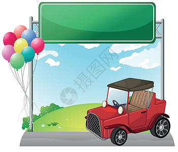 一辆红色吉普车靠近一个空绿板图片