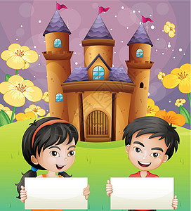 两个孩子 空标牌 在城堡前站立着图片