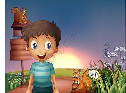 一个小男孩和两只松鼠 在空标牌和mai附近图片