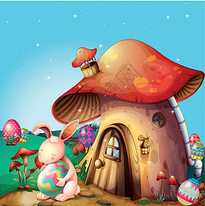 复活节鸡蛋藏在蘑菇设计的房子附近图片