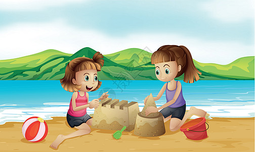 两个朋友在沙滩上建城堡图片