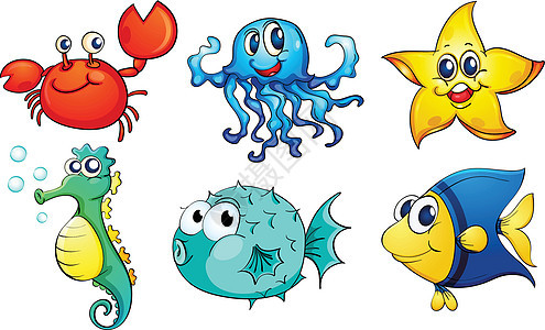 不同的海洋生物海鲜气泡动物剪贴小路卡通片海龙海马河豚绘画背景图片