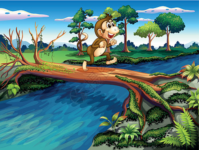 一只猴子横渡江河植物杂草动物绘画哺乳动物天空场地穿越木头灌木丛图片