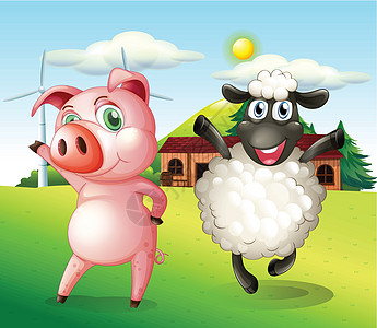 一头猪和一头羊 在农场跳舞 带着风车图片
