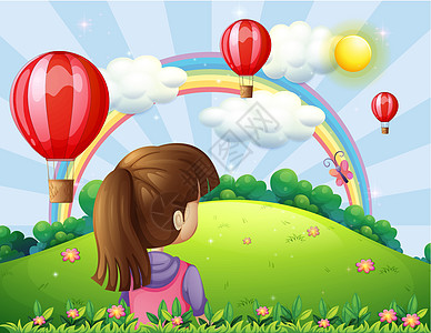 一位年轻女士看着浮气球和彩虹图片