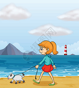 一个女孩和一只小狗在海滩散步图片