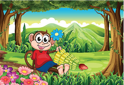 一只猴子坐在中间 拿着花朵 坐着等待图片