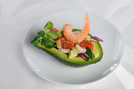 开胃菜 有虾的鳄梨黄瓜烹饪蔬菜陶器西红柿沙拉厨房维生素海鲜美食图片